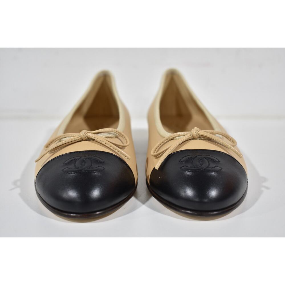 Chanel Beige Black Lambskin Leather CC Logo Bow Tie Ballet Ballerina Flat 36 - Picture 8 of 15